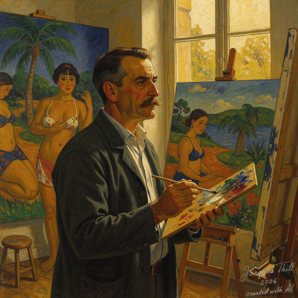 Gemälde von Paul Gauguin mit leuchtenden Farben und figürlichen Motiven im postimpressionistischen Stil.