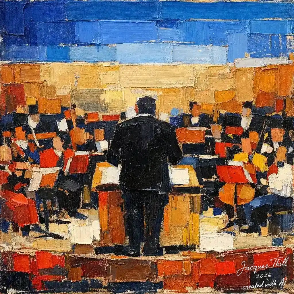 Abstraktes Gemälde im Stil von Nicolas de Staël mit Impasto-Technik, blockhaften Farbzonen und dunkler zentraler Figur
