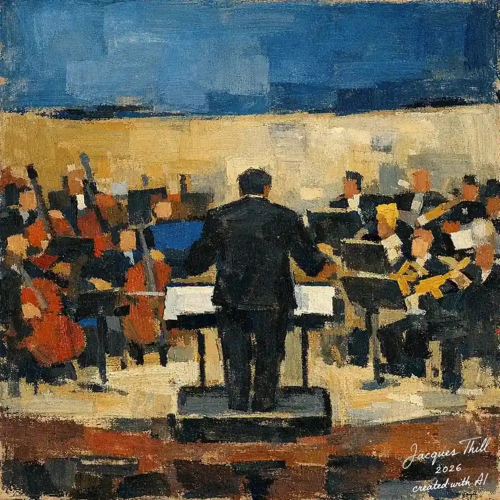 Orchesterszene im Stil von Nicolas de Staël mit kompakten Farbkörpern, verdichtetem Raum und stumpfer Materialität