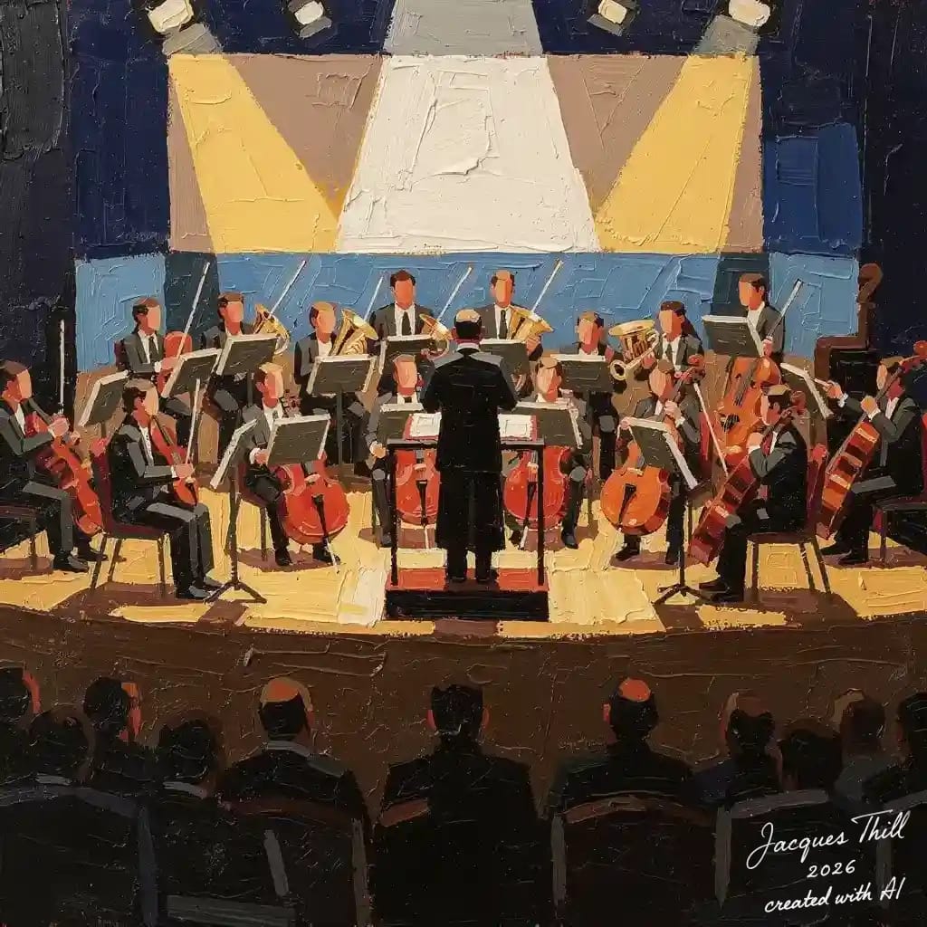 Abstrakte Konzertszene im Stil von Nicolas de Staël mit Figuren, Bühne und geordneter Raumtiefe in kräftigen Farben