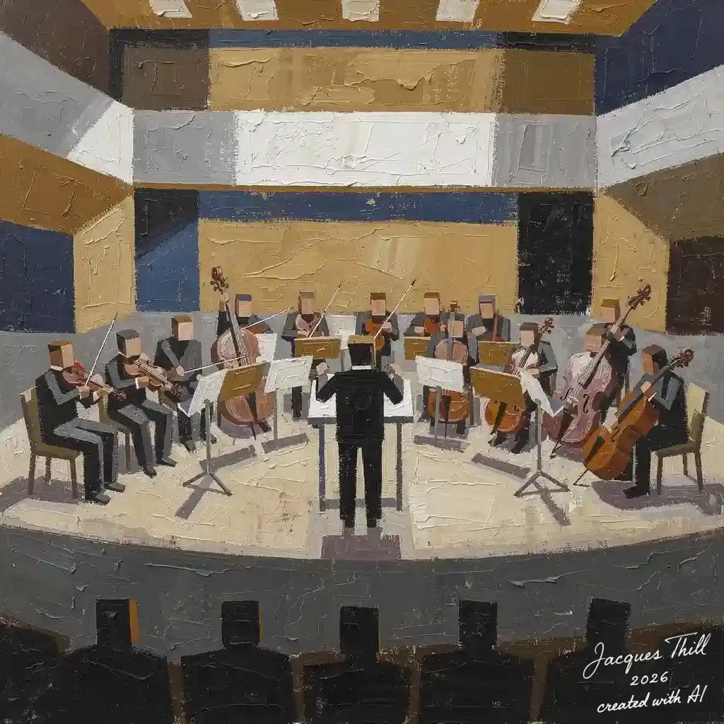 Geometrisch-kubisches Gemälde im Stil von de Staël mit rechteckigen Figuren auf einer schematisch organisierten Bühne