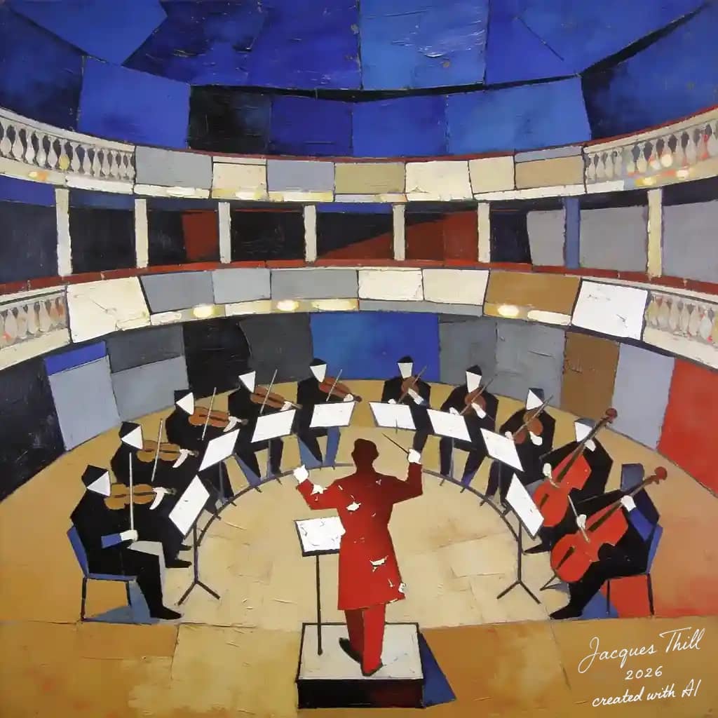 Flächige, grafisch-konstruierte Komposition mit architektonischen Bändern im Stil von Nicolas de Staël, reduziert aber wenig malerisch