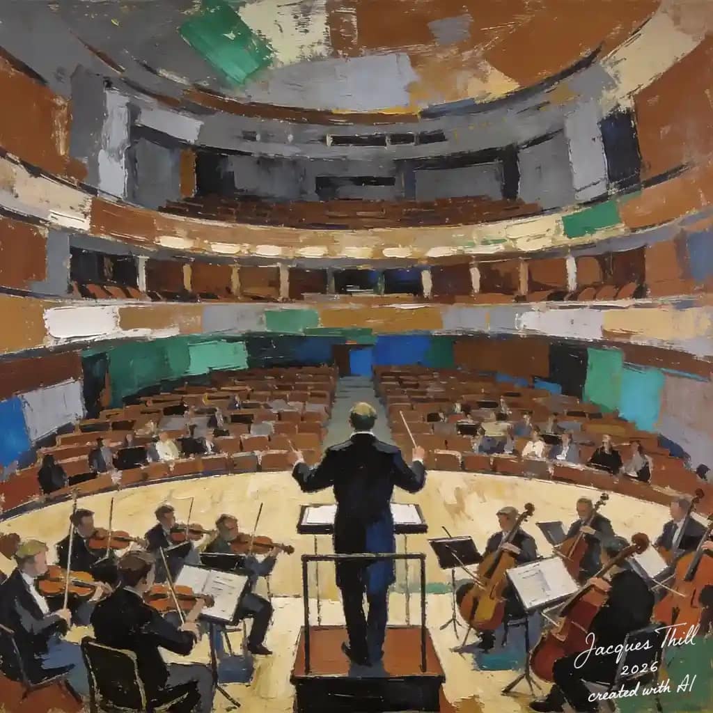 Abstrahierte Theaterszene im Stil von Nicolas de Staël mit großen architektonischen Farbflächen und reduzierter Figurenmasse