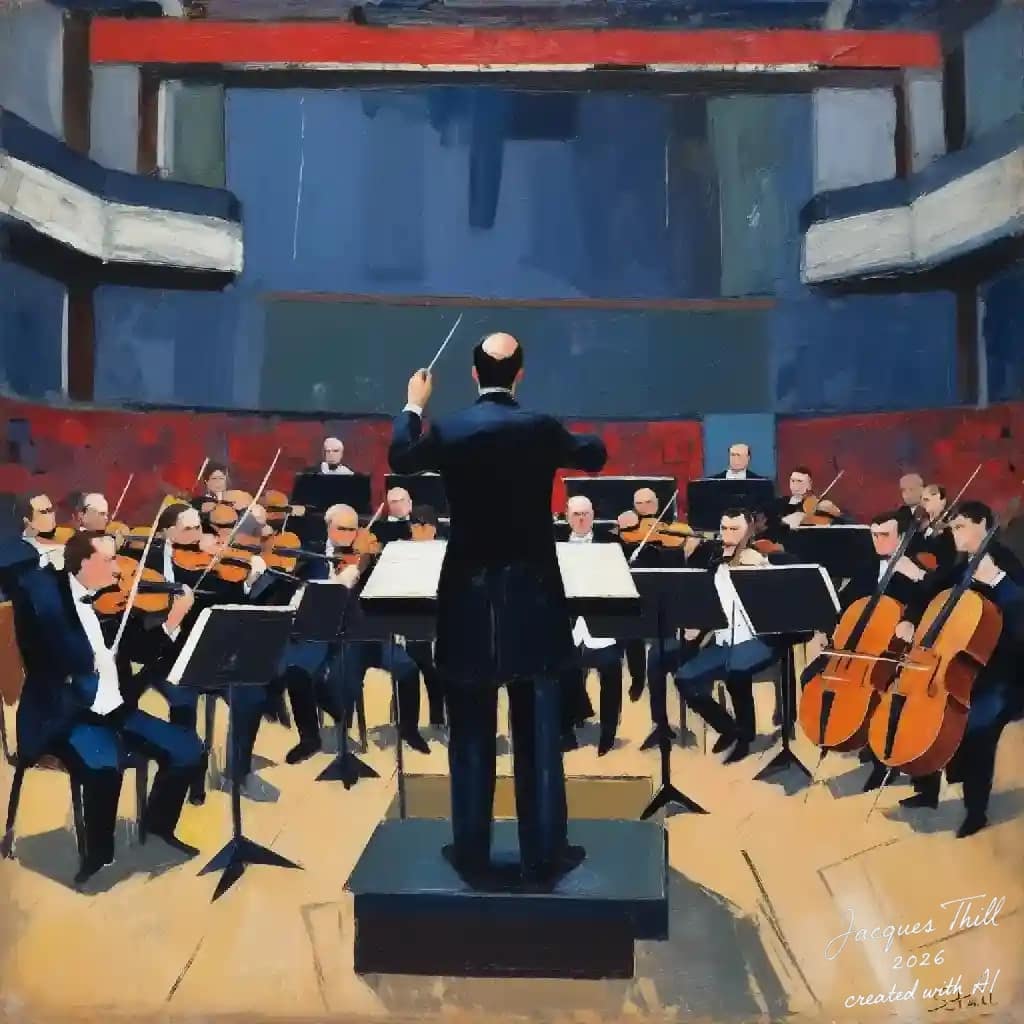 Konventionelles Orchesterbild im Stil von Nicolas de Staël mit vereinfachten Formen und sauberer Darstellung