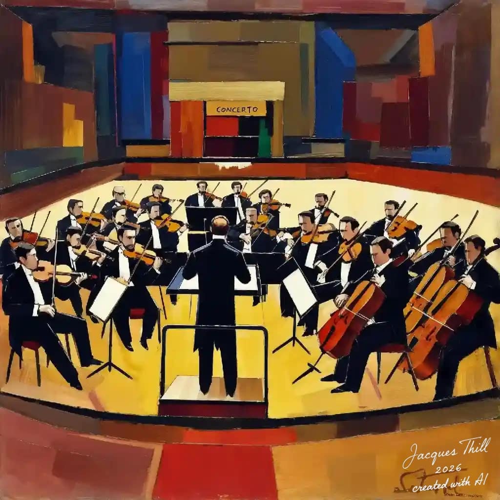 Orchester als kompakte dunkle Figurengruppe vor heller, farbig gegliederter Bühne im Stil von Nicolas de Staël