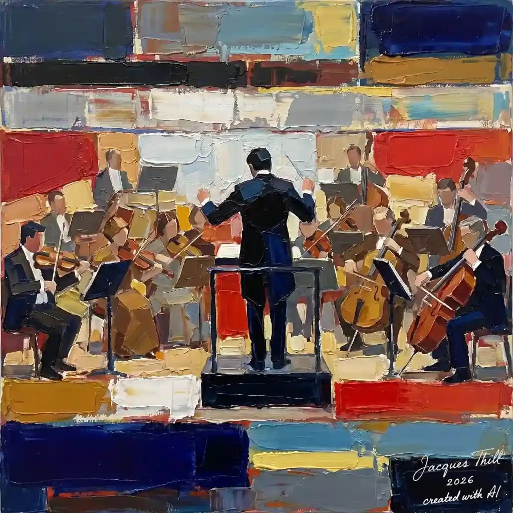 Abstrakte Orchesterszene im Stil de Staëls mit blockhafter Komposition, dunkler Dirigentenfigur und halb aufgelösten Musikern
