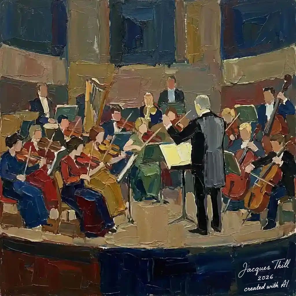 Pastose Malerei einer Orchesterprobe mit verblockten Figuren und gedämpfter Farbpalette im Stil von Nicolas de Staël