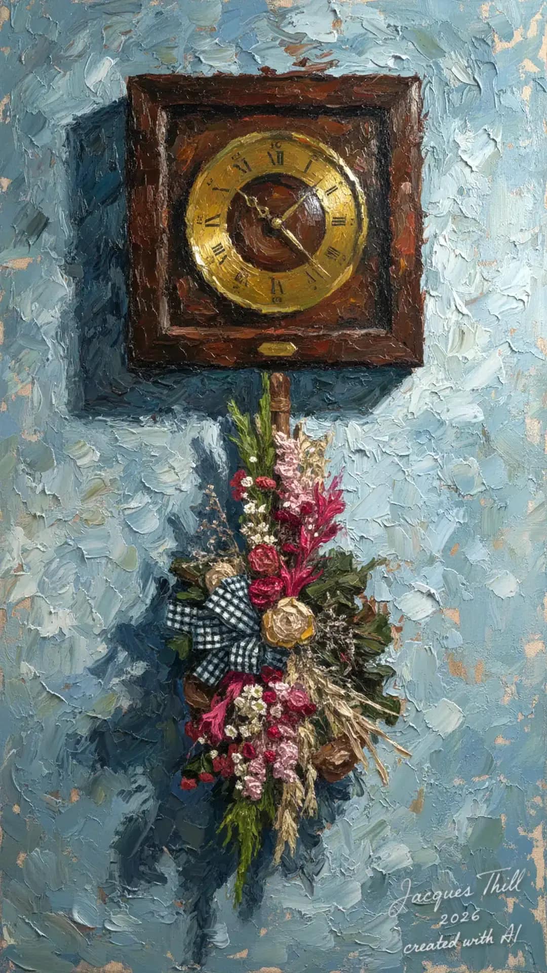 Analoge K&uuml;chenuhr mit wei&szlig;em Zifferblatt und schwarzen Zeigern an einer Wand