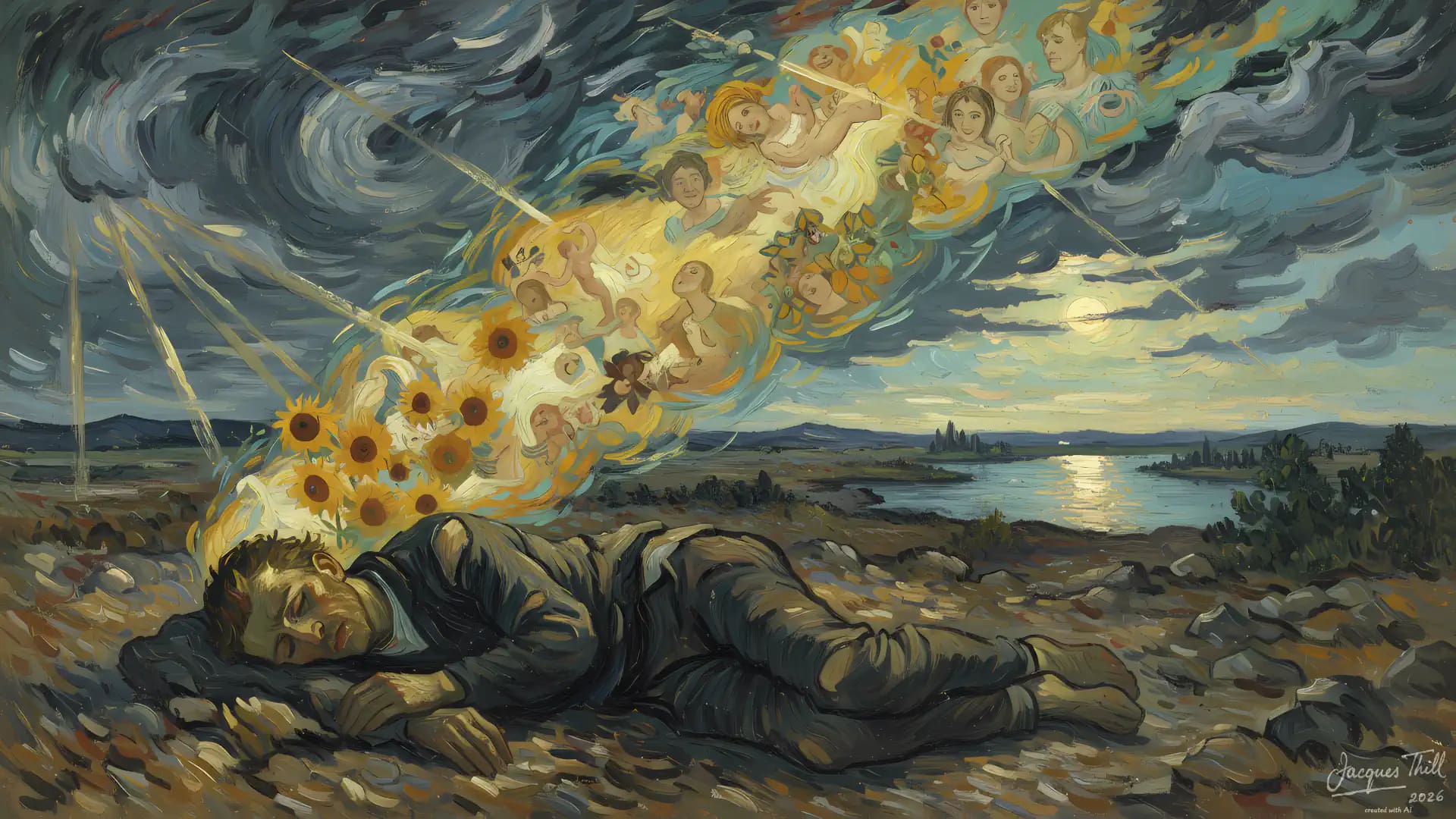 Surrealistisches Gemälde: Träumende Person, aus deren Kopf Sonnenblumen und himmlische Gestalten unter stürmischem Himmel aufsteigen.