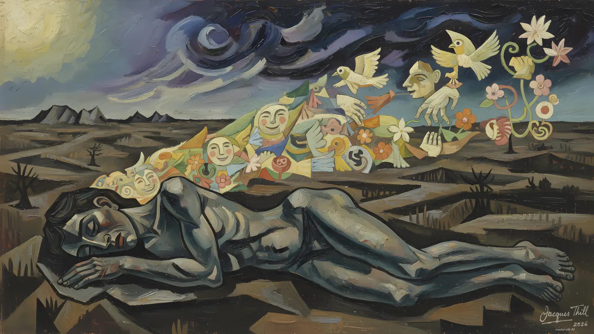 Surrealistisches Gemälde: Liegende Figur, aus deren Brust bunte Vögel und Blumen strömen, vor karger Landschaft.