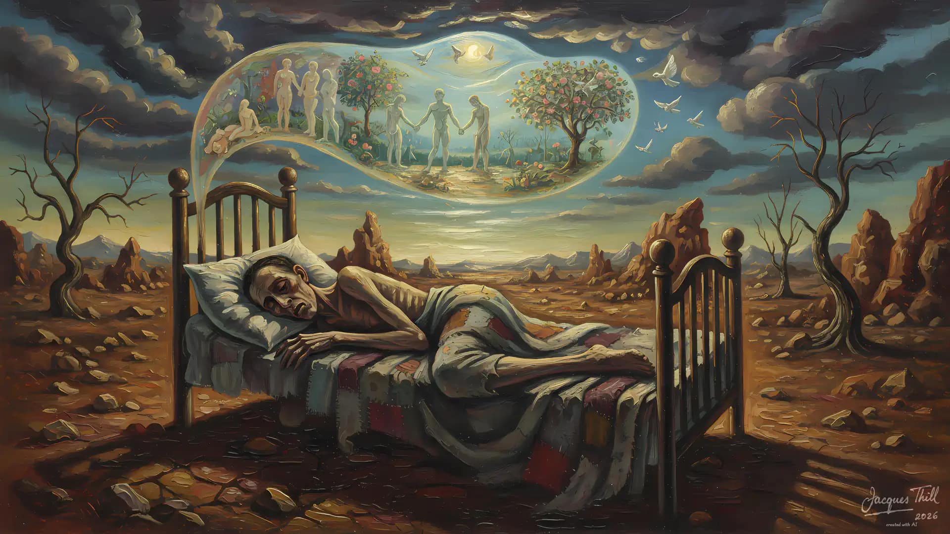 Schlafender Mensch im Bett mit surrealer Traumblase, die eine lebendige Fantasielandschaft zeigt.