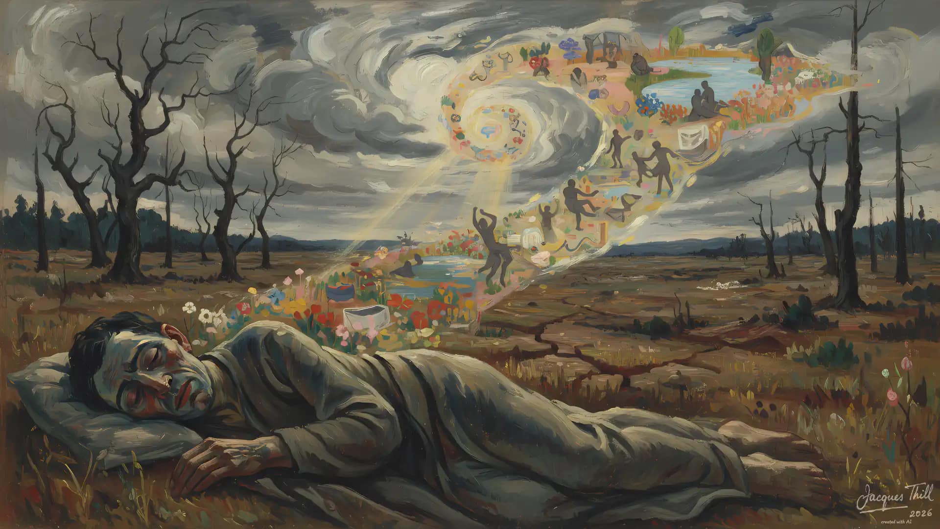 Schlafender Mann in karger Landschaft, umgeben von farbenfrohen, surrealen Traumszenen aus Fantasie und Realität.