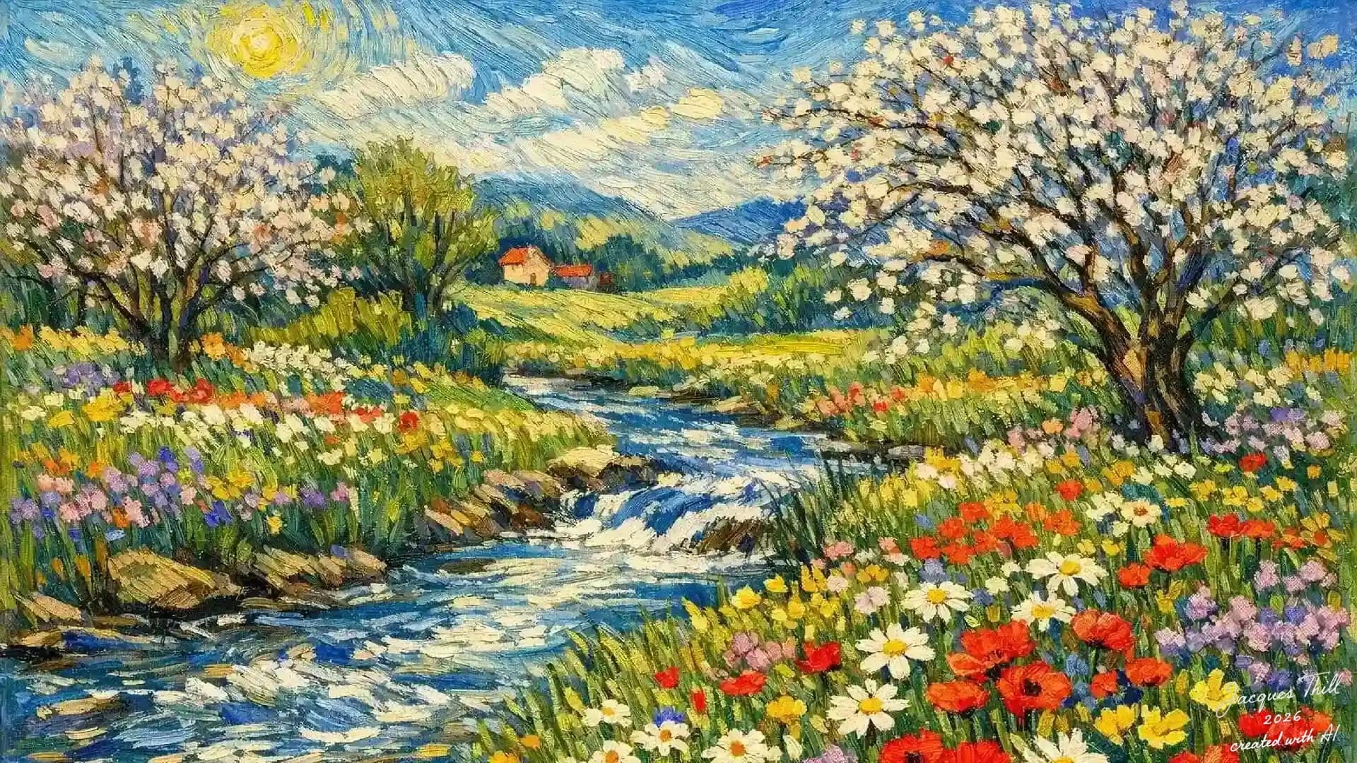 Farbenfrohe Frühlingslandschaft im Van-Gogh-Stil mit blühenden Bäumen, wildem Bach und kräftigem Farbauftrag