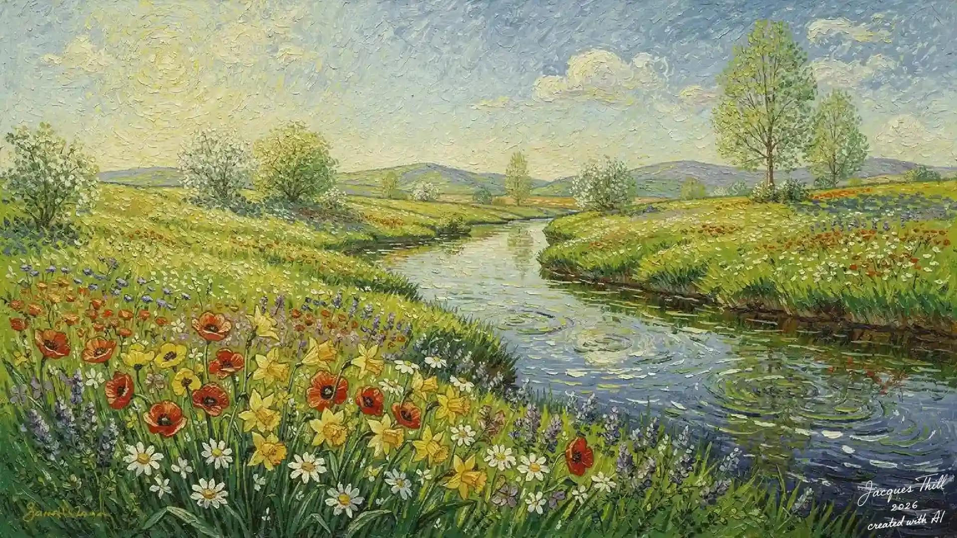 Ruhiger Wiesenbach mit Mohnblumen und Narzissen im post-impressionistischen Stil, inspiriert von Van Gogh