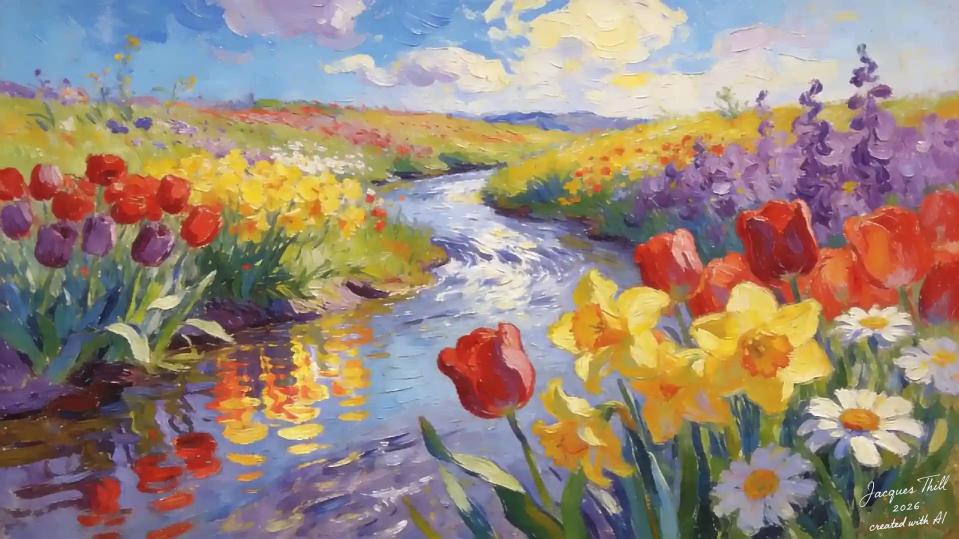 Nahaufnahme großer Tulpen und Narzissen am Bachufer mit leuchtenden Spiegelungen im Wasser im Stil von Van Gogh