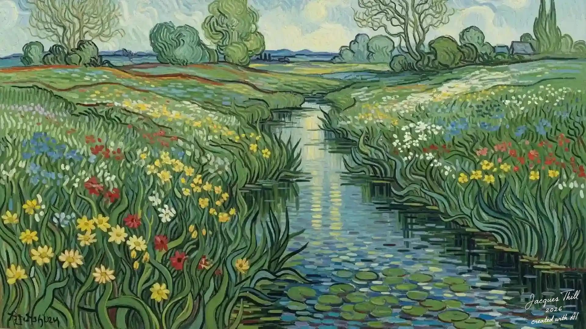 Seerosenbach umrahmt von geschwungenem hohem Gras im Stil von Van Goghs späten Werken aus Auvers-sur-Oise