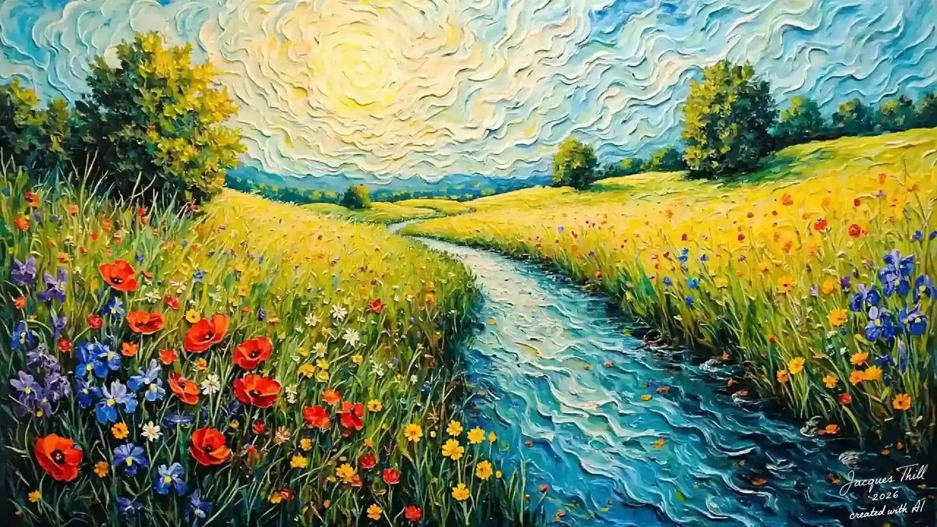 Texturierte Landschaft im Van-Gogh-Stil mit wirbelnder Sonne, roten Mohnblumen am Bach und dicker Farbstruktur