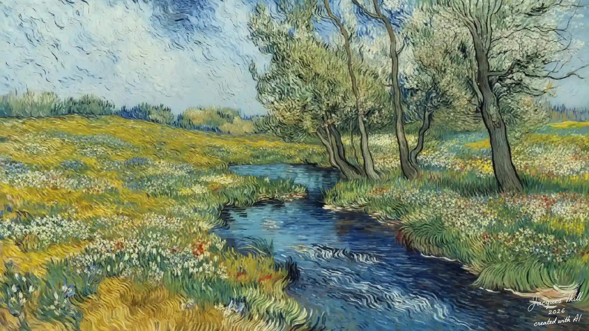Düsterer Bach mit knorrigen Bäumen unter unruhigem Himmel im Stil von Van Gogh mit gehackten Pinselstrichen