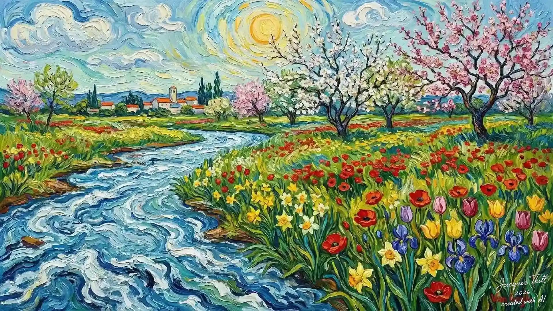 Grell leuchtende Frühlingslandschaft mit Obstbäumen und gewundenem Fluss im Stil von Van Gogh, mit Signatur unten rechts