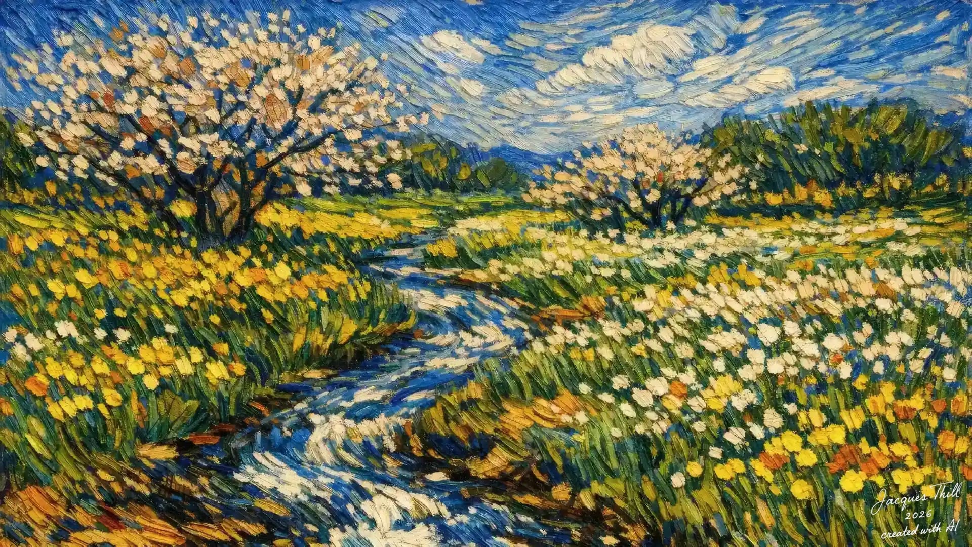Blauer Bach schlängelt sich durch ein gelb-weißes Blumenfeld mit blühenden Bäumen im Stil von van Gogh