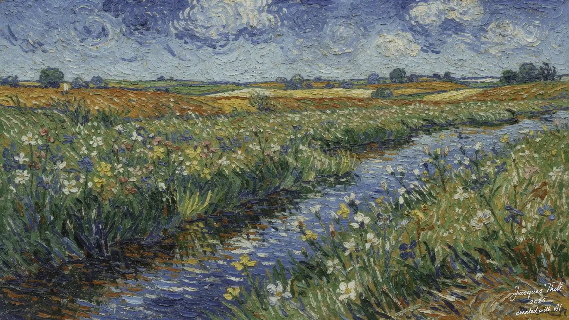 Weite Landschaft mit ruhigem Gewässer, lilafarbenen Irisblumen am Ufer und sanften Wolkenwirbeln im Stil van Goghs