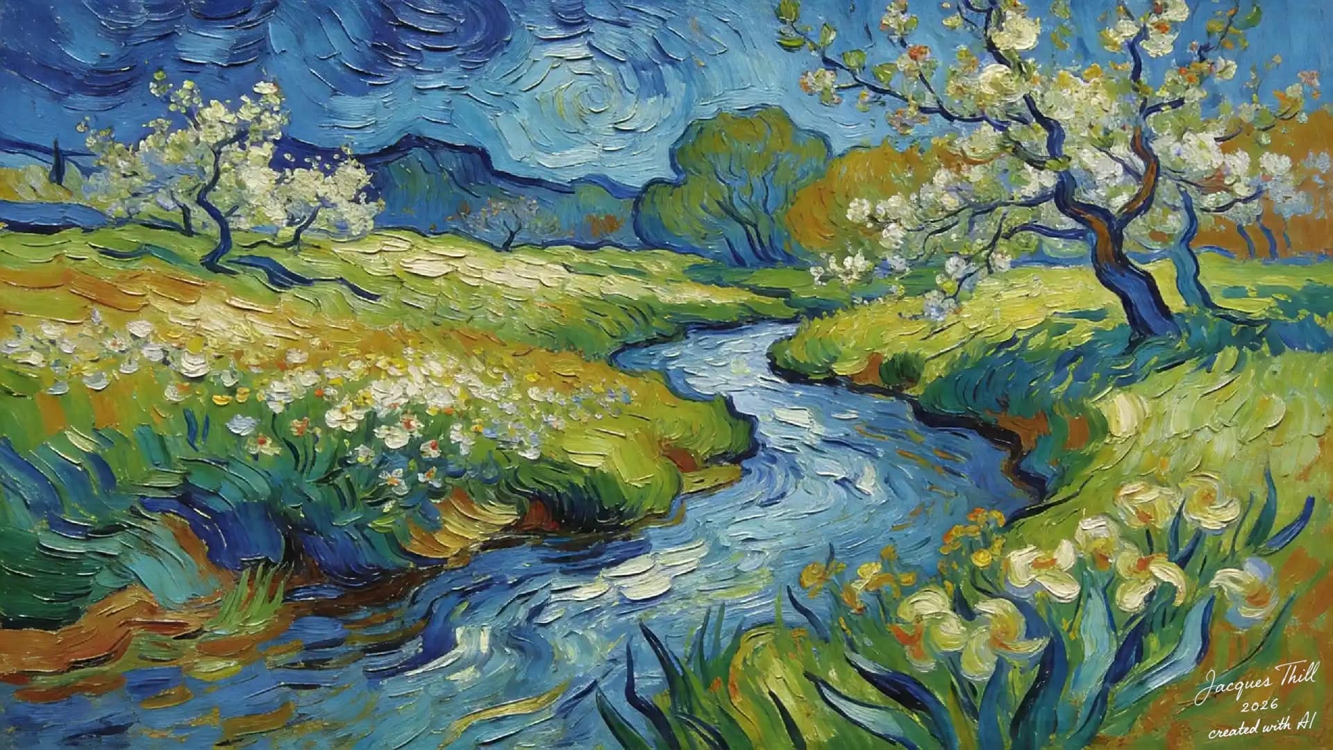Flusslauf mit grünen Ufern, knorrigem blühendem Baum und wirbelndem Nachthimmel im Stil von Van Gogh