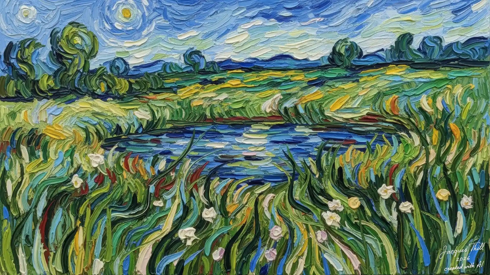 KI-generiertes Gemälde im Van-Gogh-Stil mit Teich, Schilf und wirbelndem Himmel in übertriebener Impasto-Technik