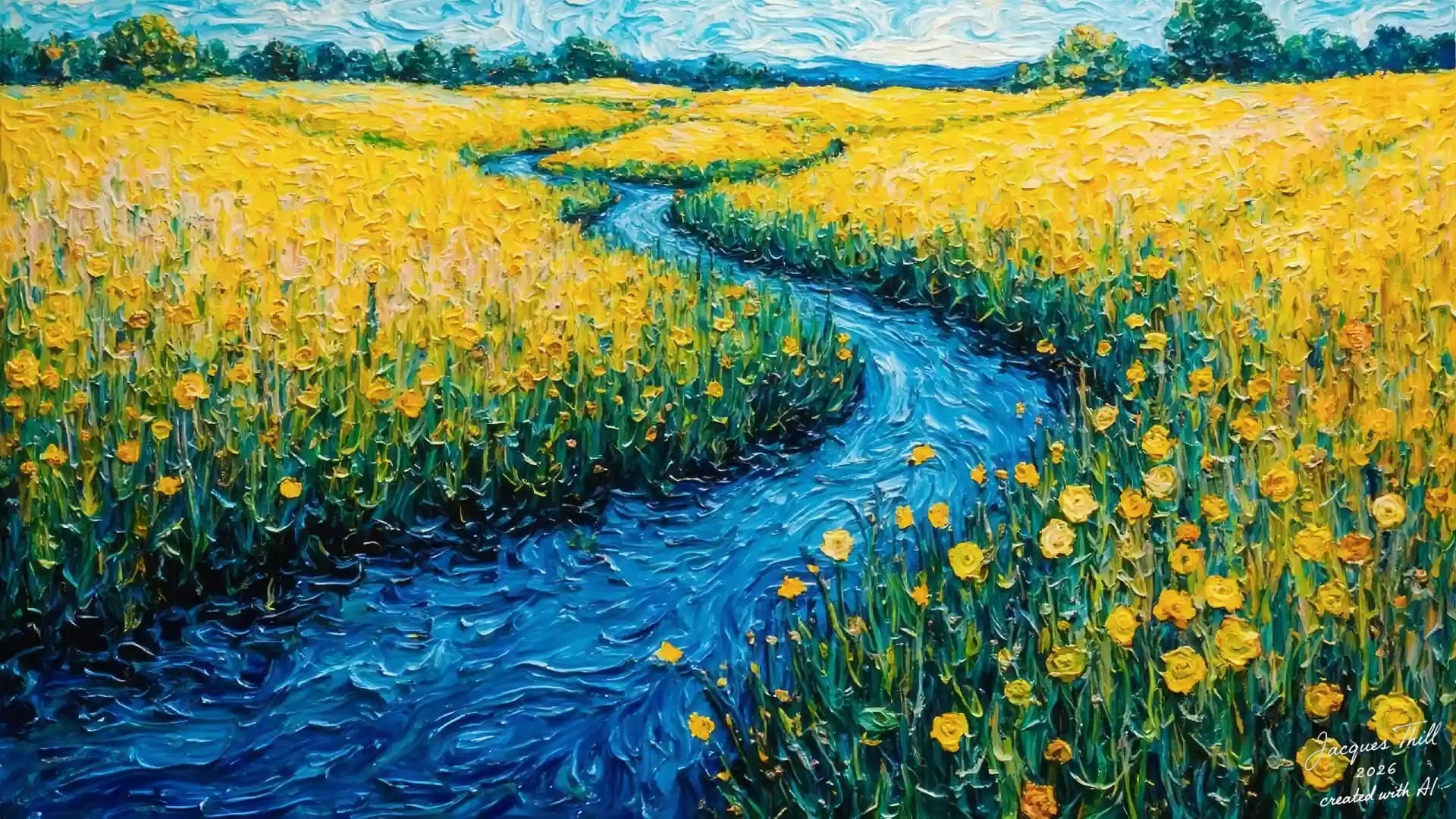 Leuchtend blauer Bach fließt durch ein endloses gelbes Feld im Stil von Van Gogh mit starkem Komplementärkontrast