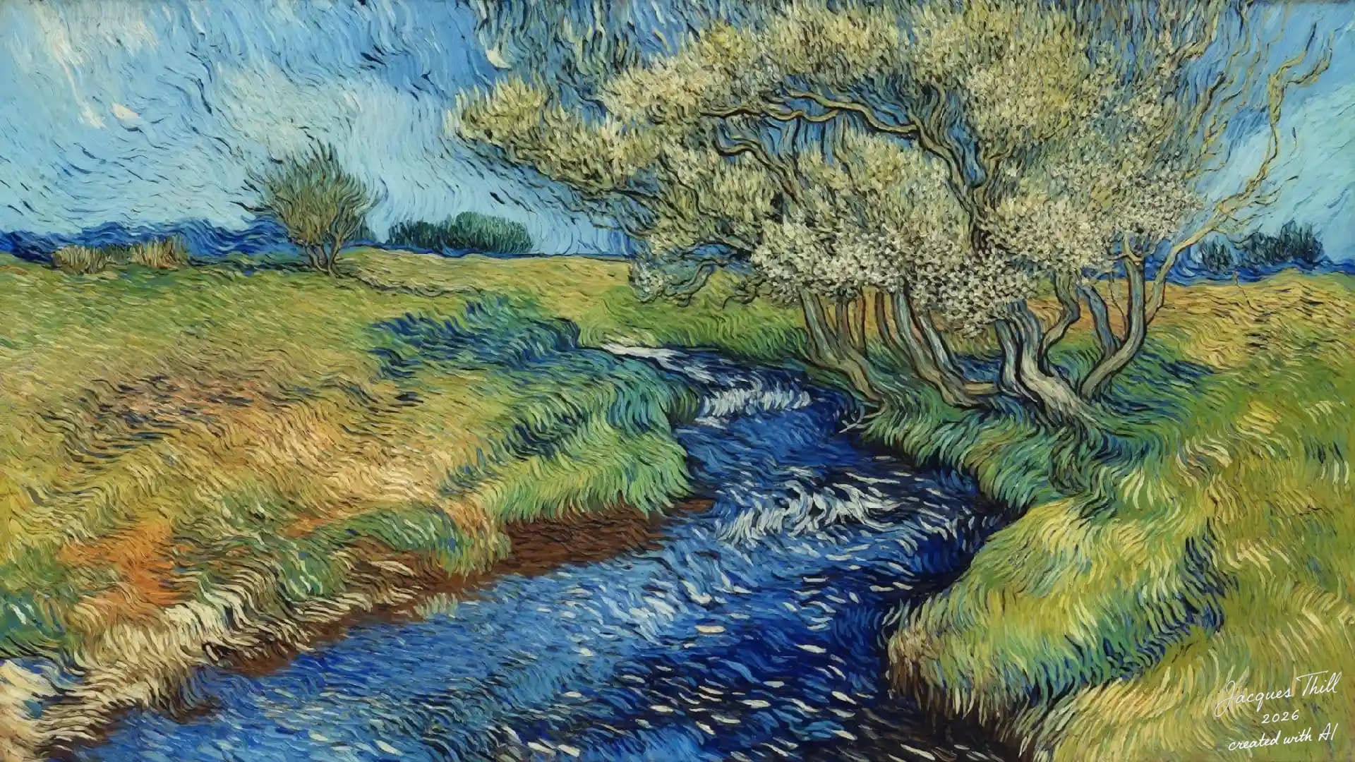 Blauer Bach durch eine Wiesenlandschaft mit knorrigem blühendem Baum am Ufer im expressiven Stil van Goghs