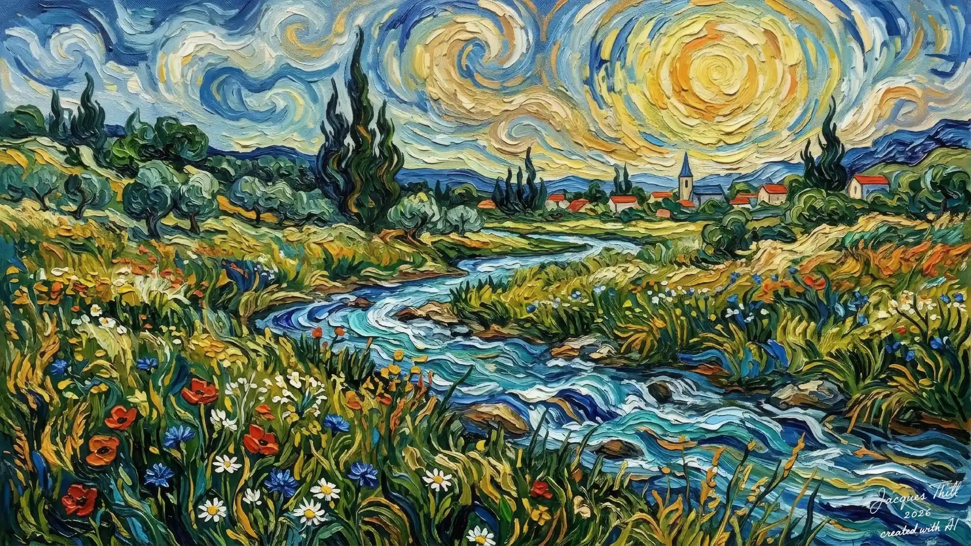 KI-generierte Landschaft im Stil van Goghs mit Mohnblumen, Zypressen, Dorf mit Kirchturm und wirbelndem Sonnenhimmel