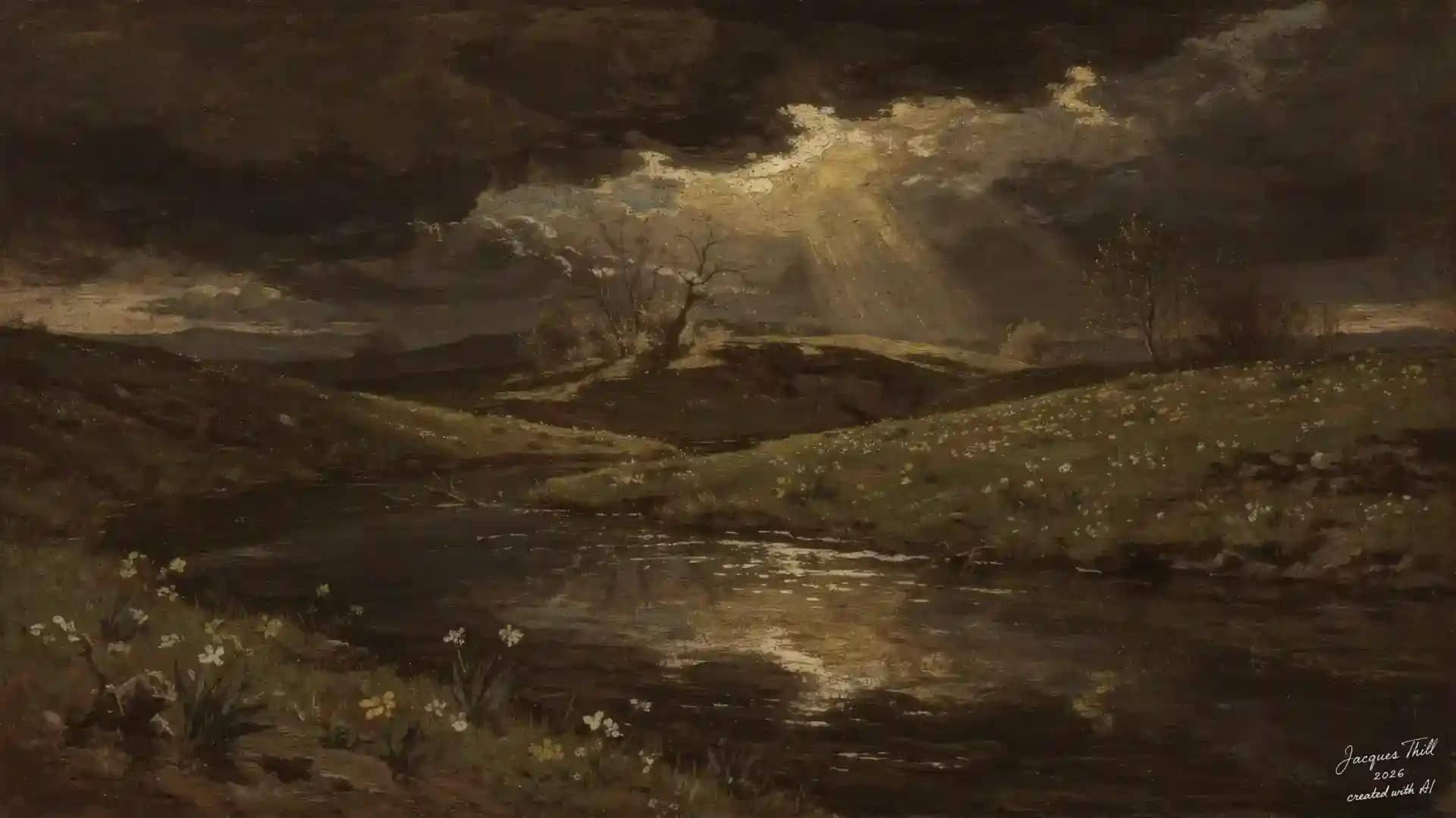 Dunkle Landschaft mit gewundenem Flusslauf und dramatischem Lichtstrahl durch Wolken im Stil Rembrandts, erzeugt mit Flux 2 Max