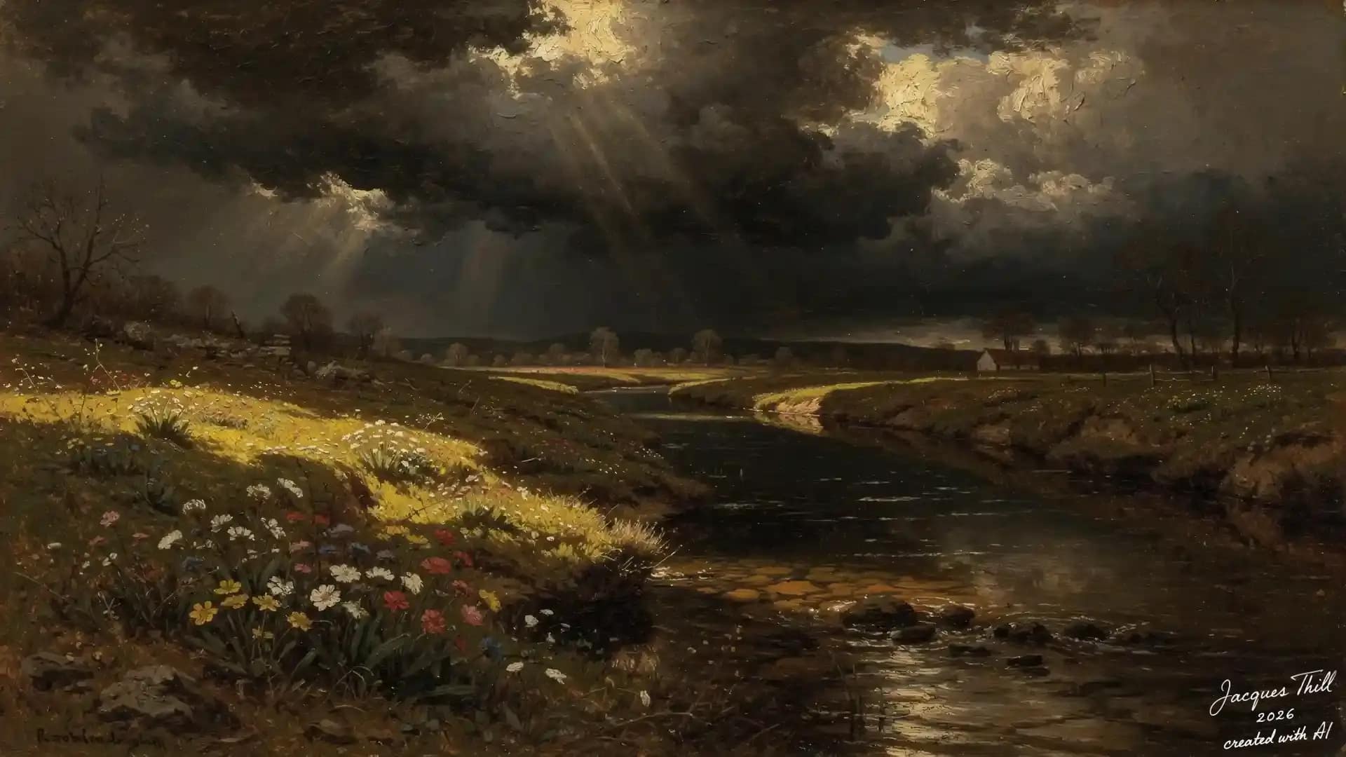 Idyllische Flusslandschaft mit dramatischen Sonnenstrahlen durch Gewitterwolken und bunten Blumen am Ufer