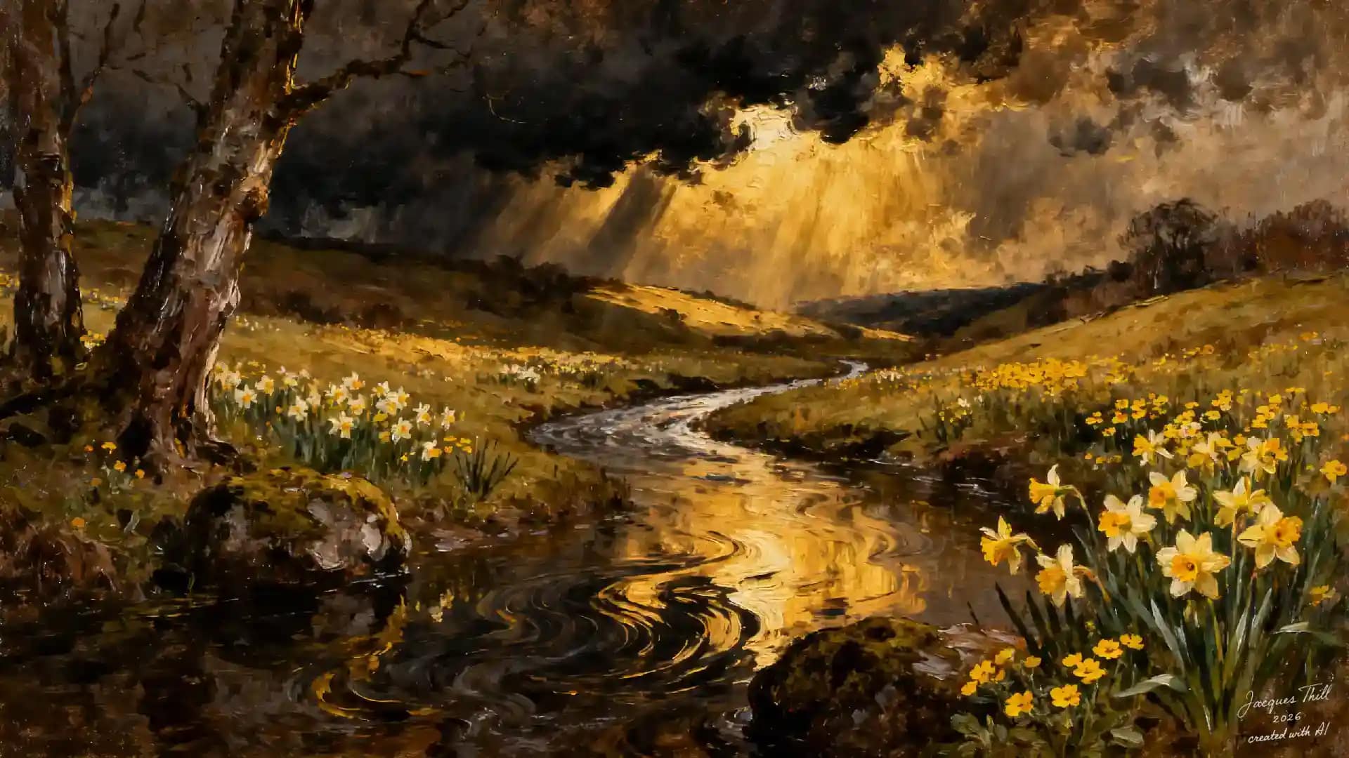Seedream 4 KI-Gem&auml;lde: leuchtend goldener Fluss durch Narzissenlandschaft im expressionistischen Stil von Bytedance