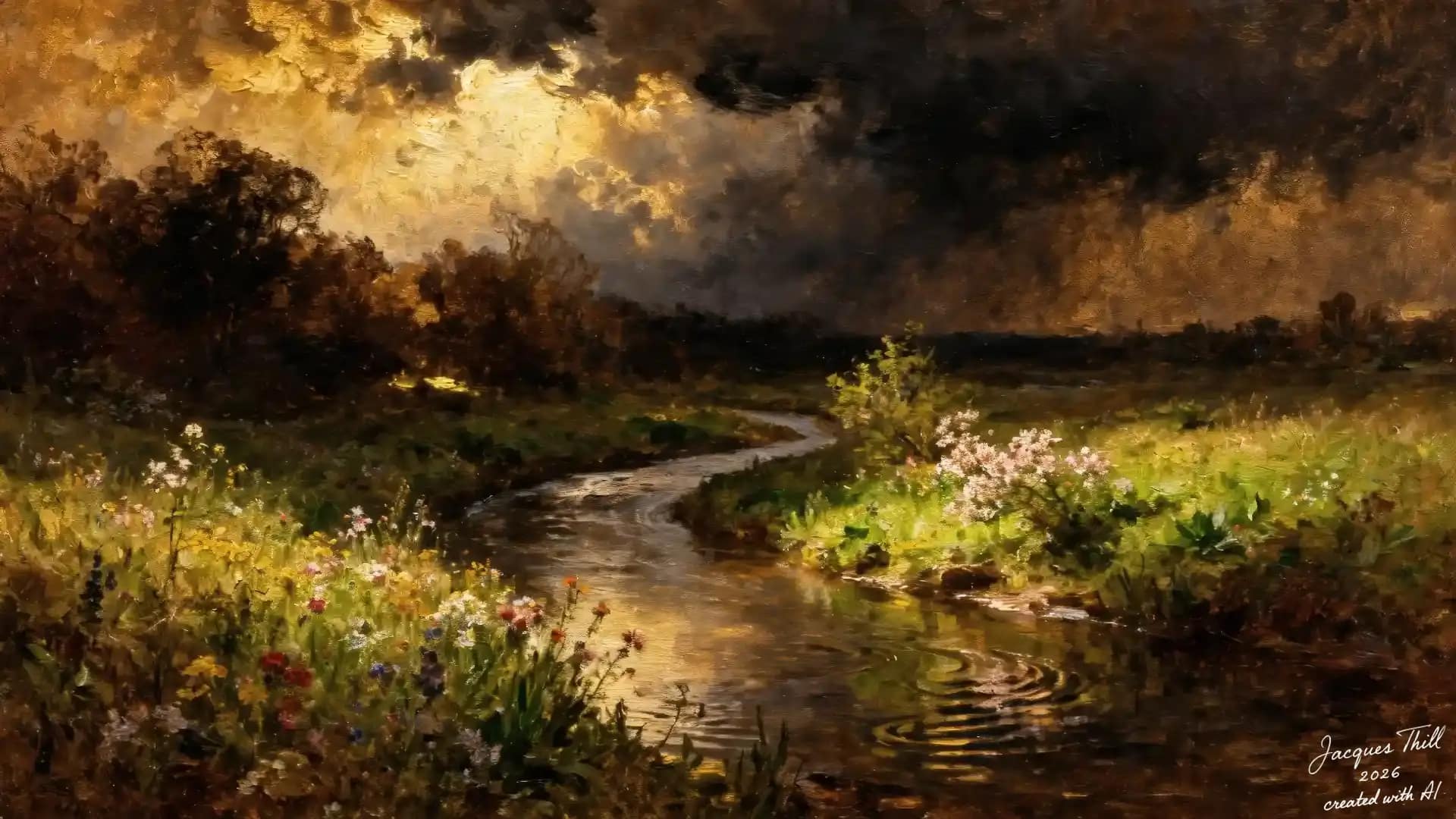 Geschwungener Fluss bei Sonnenuntergang mit goldenem Himmel, dunklen Wolken und gr&uuml;nem Ufer im Rembrandt-Stil