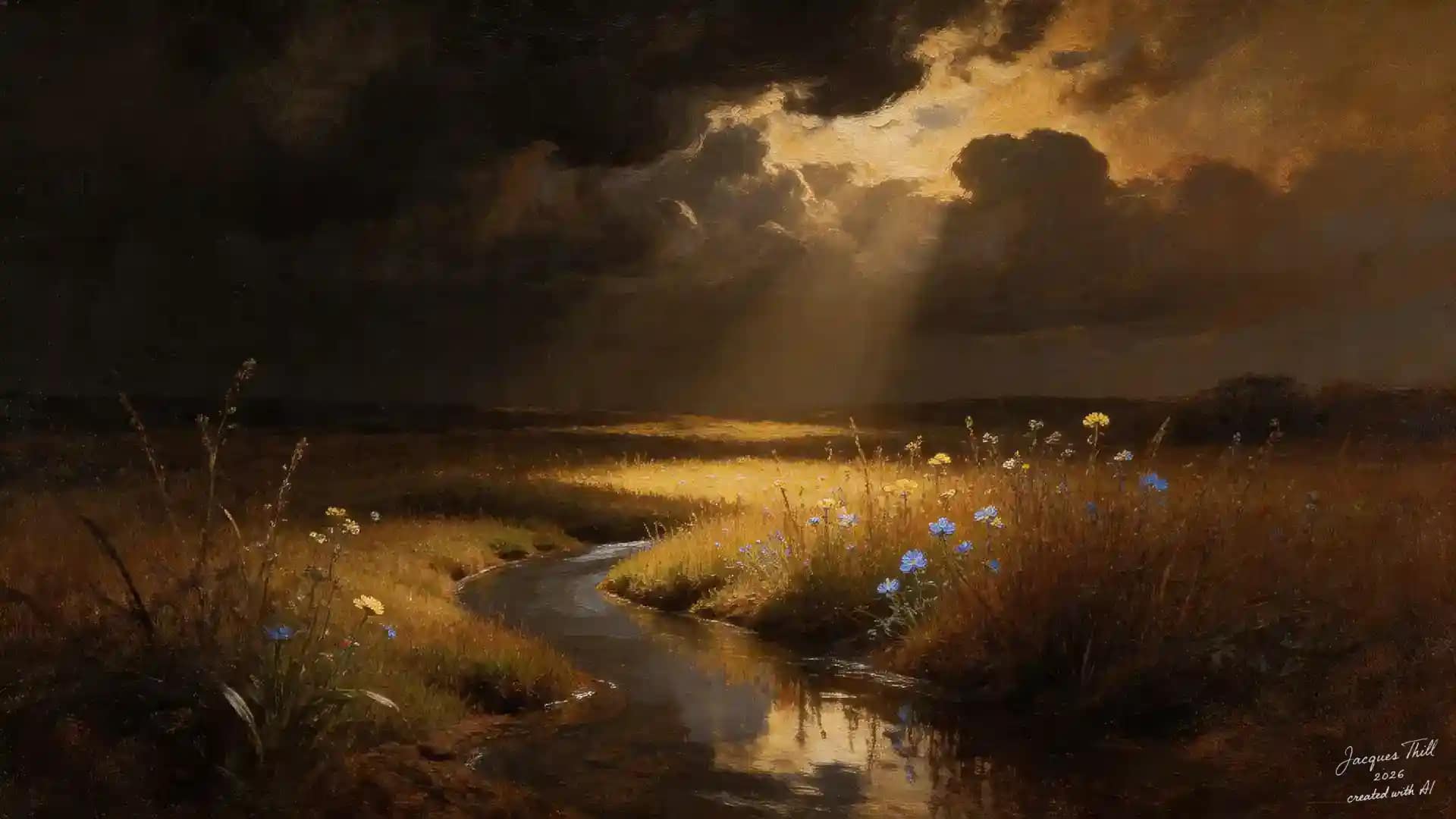 Seedream 5 Lite: Theatralischer Lichtstrahl beleuchtet Wildblumen auf dunkler Ebene im Rembrandt-Stil von Bytedance