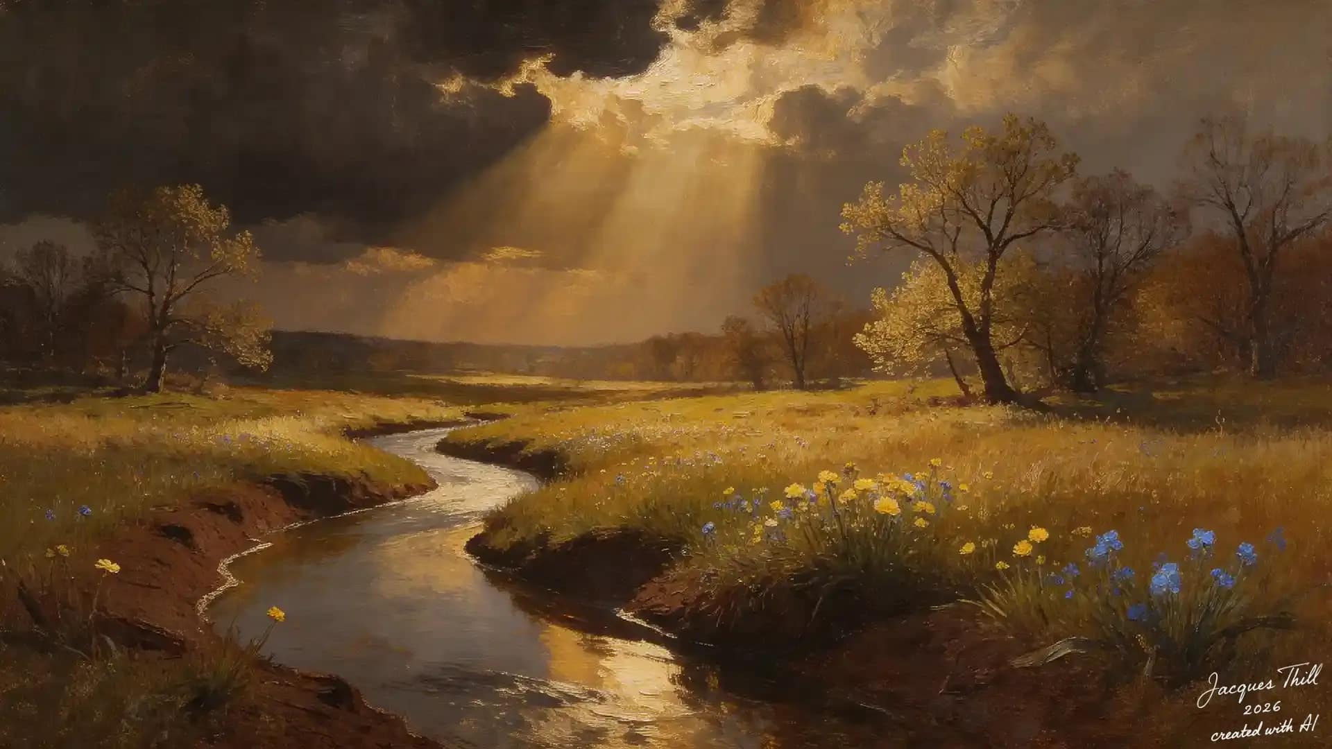 Sonnenstrahlen fallen auf eine gr&uuml;ne Wiesenlandschaft mit Bach und bunten Blumen im Vordergrund