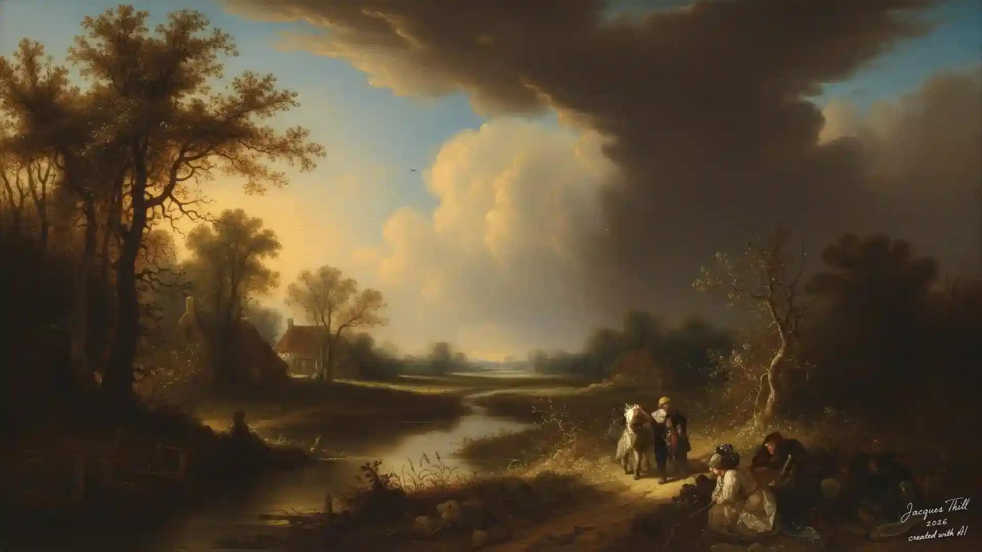 L&auml;ndliche Idylle mit Bauernh&auml;usern, B&auml;umen, Fluss und rastenden Figuren im warmen Abendlicht im Stil des Goldenen Zeitalters