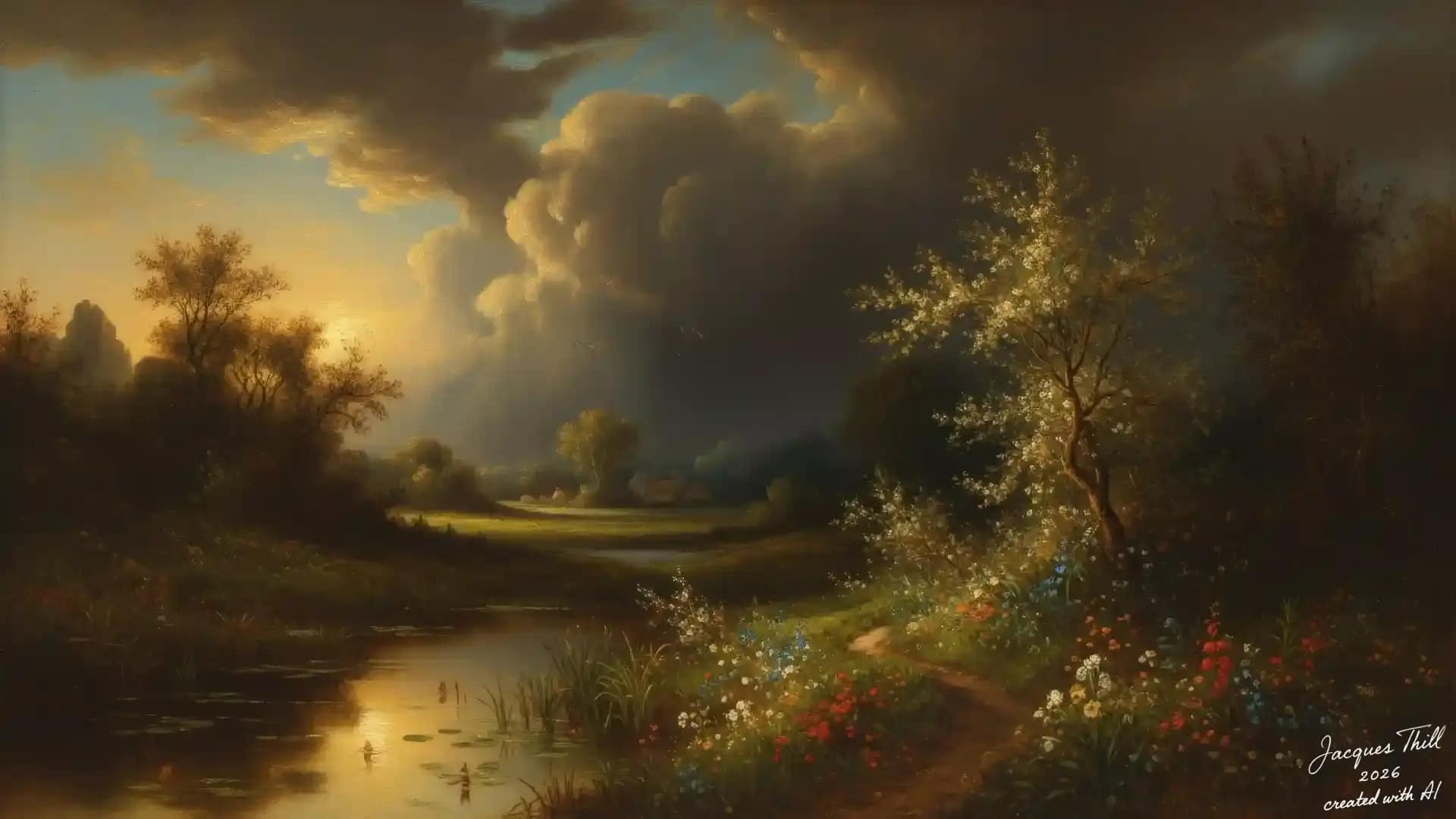 Romantische Landschaft mit Blumenwiese, Trampelpfad am Wasser und dramatischen Wolkenaufbauten im Stil der Sp&auml;tromantik
