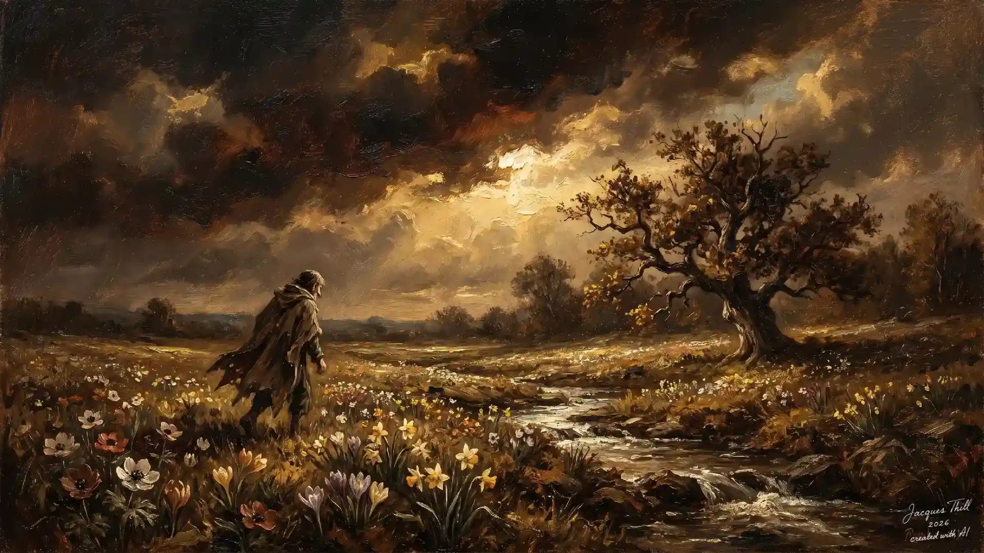 In Umhang geh&uuml;llter Wanderer durchquert ein Feld &uuml;bergro&szlig;er Blumen, im Stil von Rembrandt &ndash; generiert mit Nano Banana Pro von Google