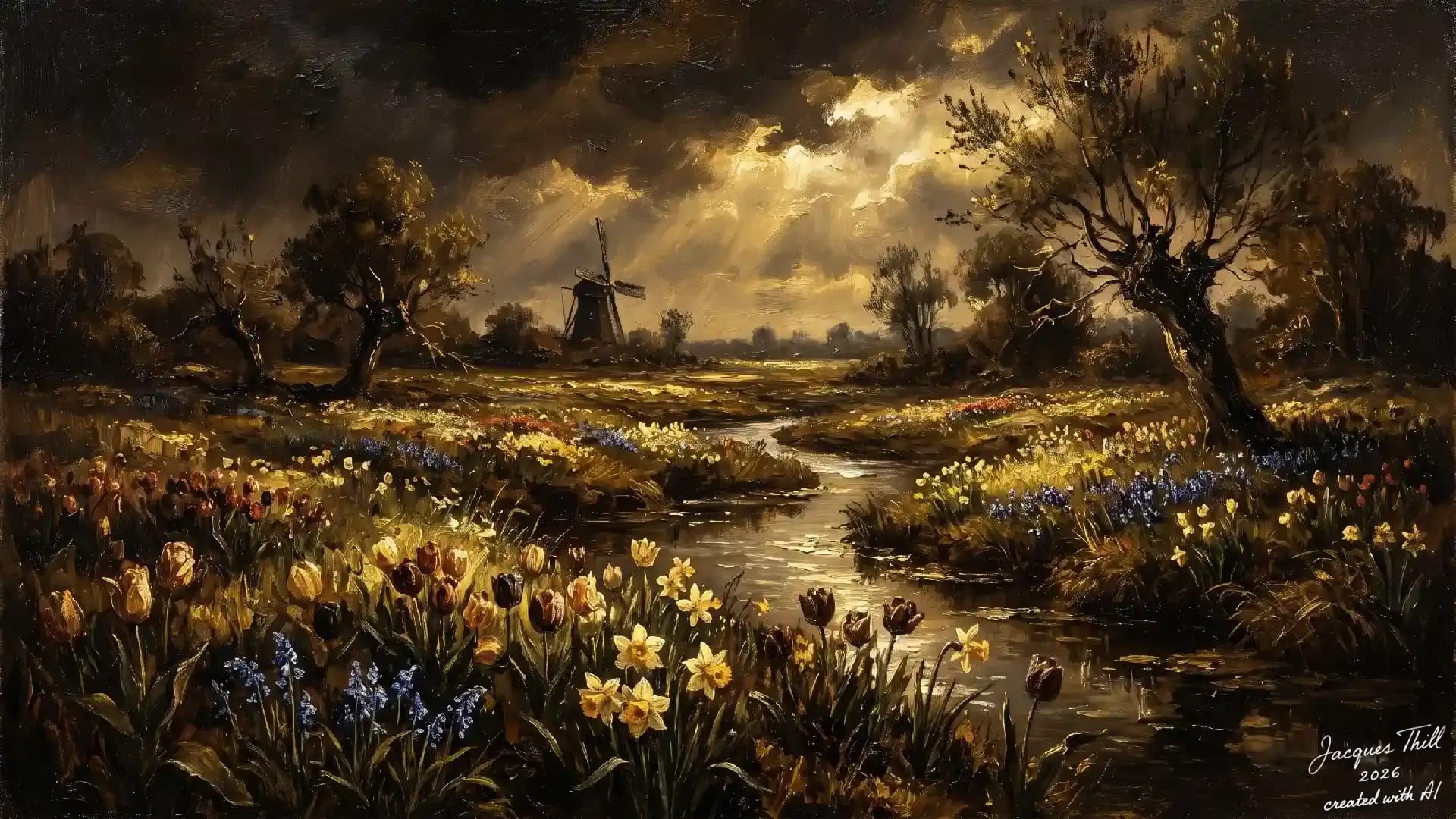 D&uuml;stere Landschaft mit holl&auml;ndischer Windm&uuml;hle, expressivem Himmel und detaillierten Tulpen im Stil von Rembrandt