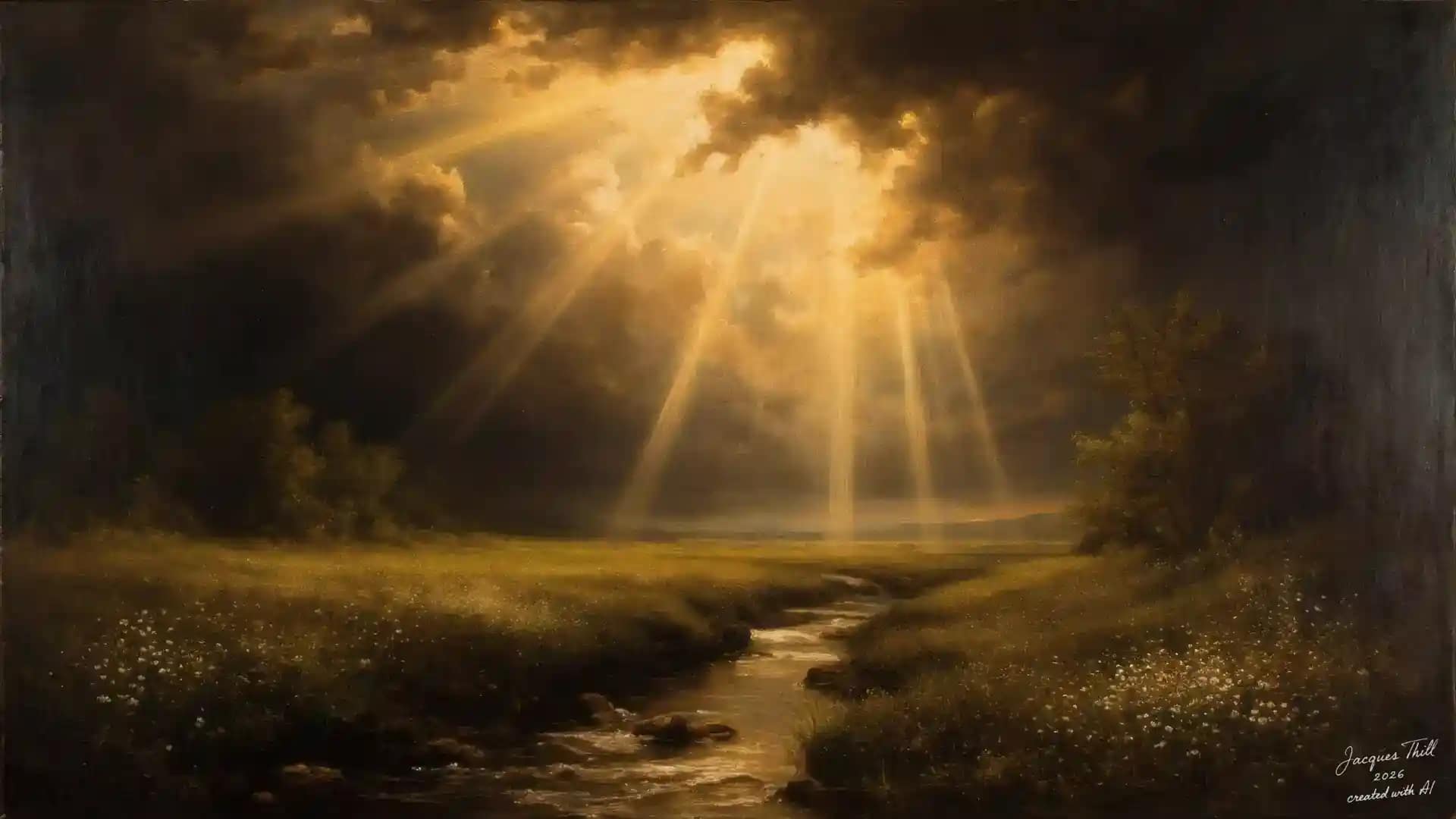 Dramatische Lichtstrahlen brechen durch epische Wolkenformation &uuml;ber weiter Flusslandschaft im Stil der Romantik