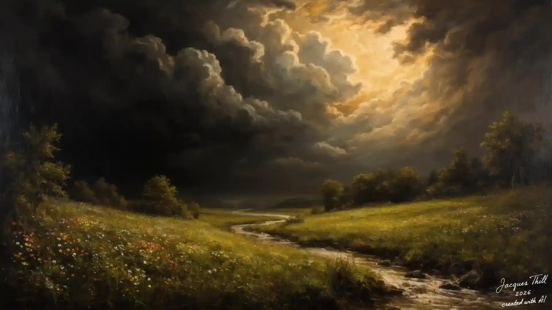 Weite Wiesenlandschaft unter dramatischem Wolkenhimmel mit goldenem Licht im Zentrum im Stil von Rembrandt