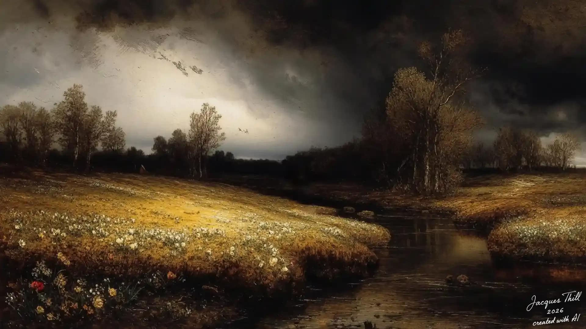 Moorartige Landschaft im Rembrandt-Stil mit mysteri&ouml;sem Licht auf blassen Bl&uuml;ten und schwerem Himmel in Grau- und Ockert&ouml;nen