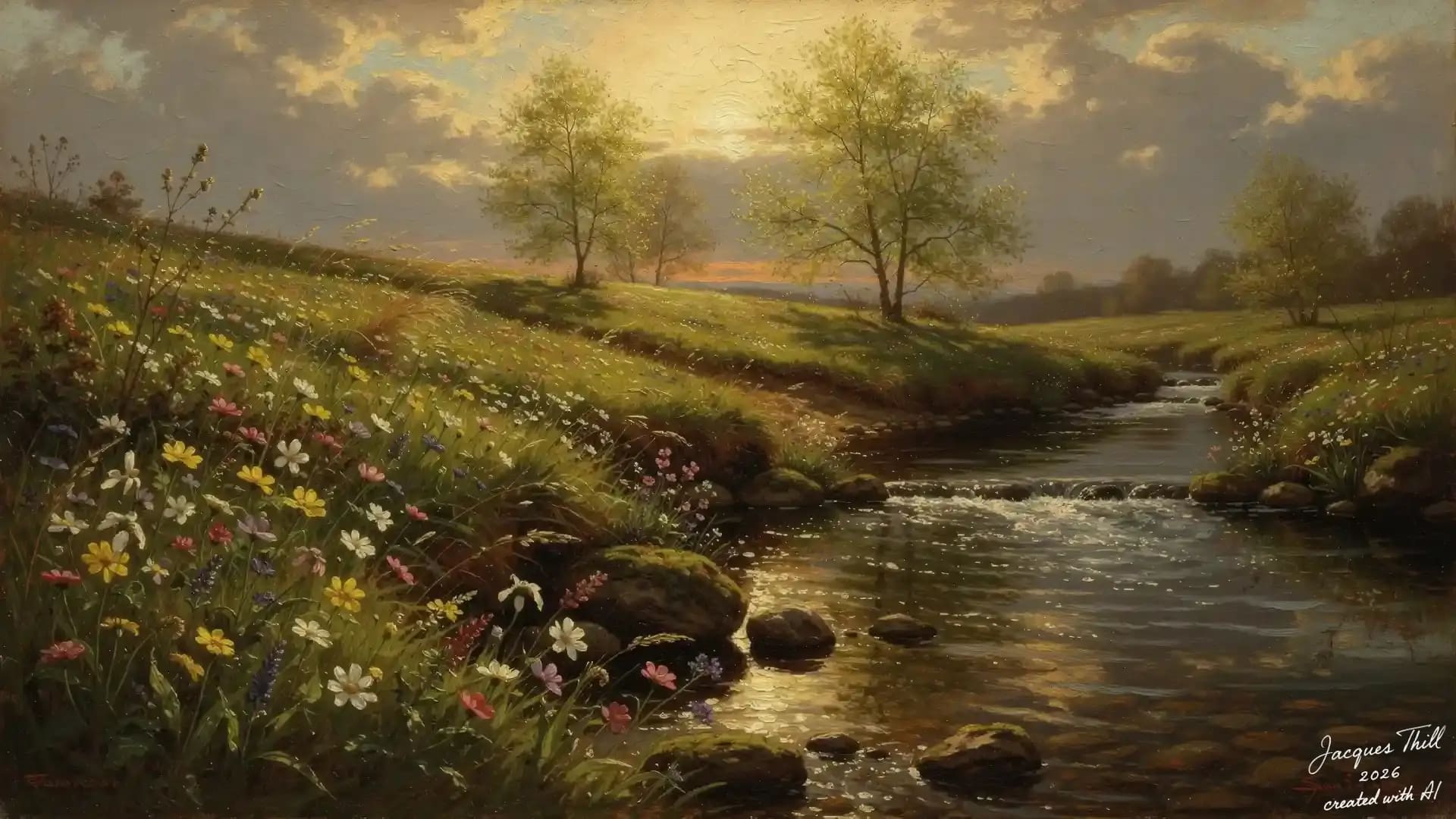 Weite Wiesenlandschaft mit Bachlauf im goldenen Licht der tiefstehenden Sonne, pastose &Ouml;lmalerei im Stil alter Meister