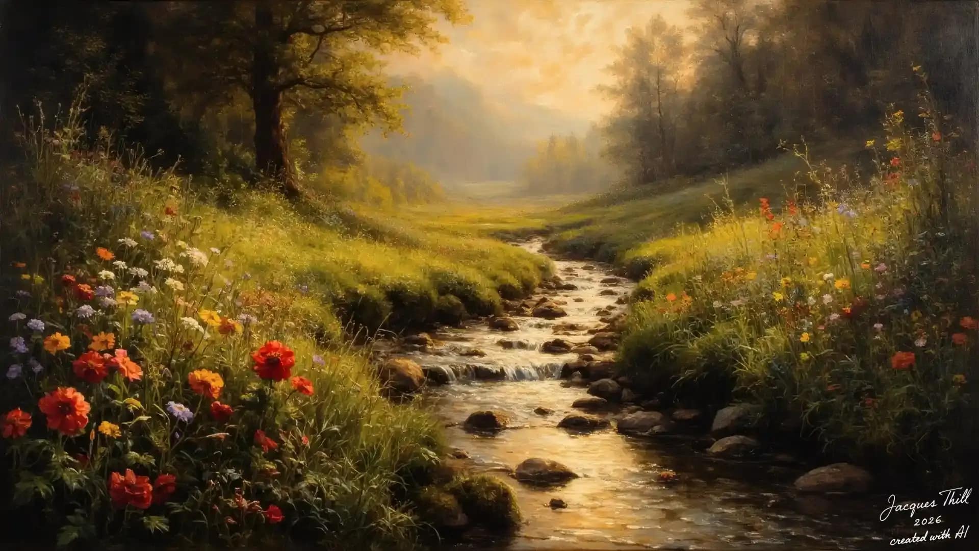 Waldbach umgeben von &uuml;ppiger Flora in warmem, goldenem Licht im Stil des Goldenen Zeitalters