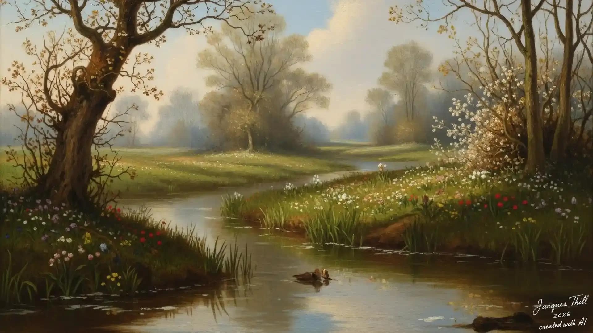 Ruhige Flusslandschaft mit Enten, knorrigem Baum und gepflegter Uferbepflanzung unter blau-wei&szlig;em Himmel