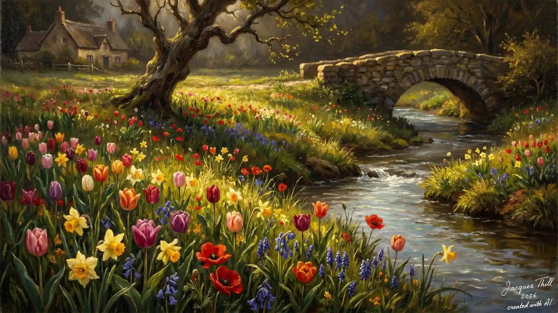 M&auml;rchenhafte Landschaft mit Steinbr&uuml;cke, reetgedecktem Haus und leuchtenden Tulpen &ndash; kein typischer Rembrandt-Stil