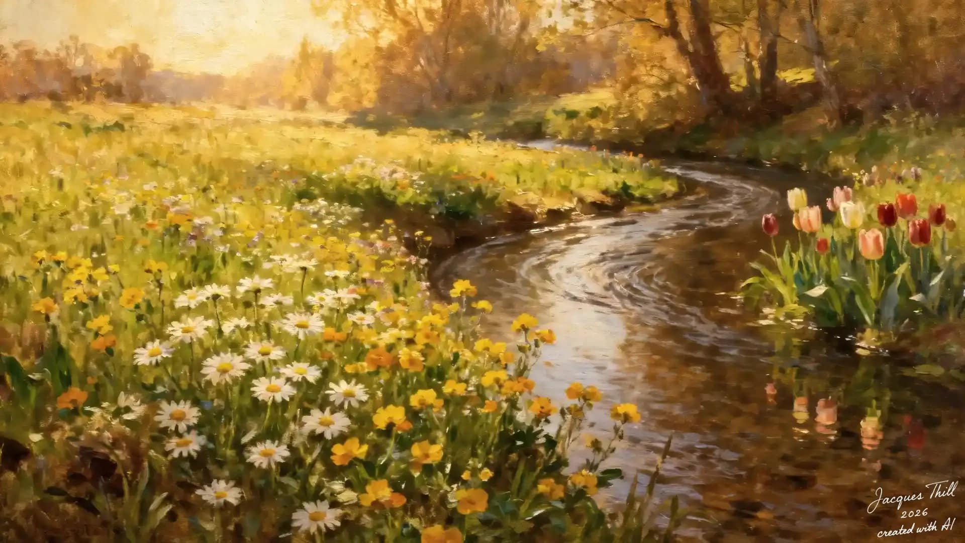 Bach in goldenem Licht umrahmt von Margeriten und Tulpen mit Spiegelungen im Wasser