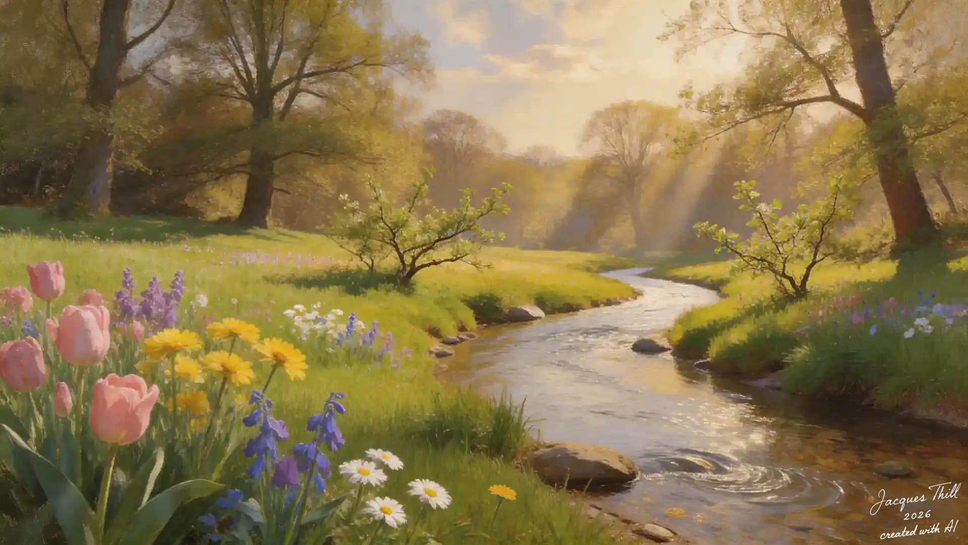 Sonnenstrahlen durchbrechen ein Bl&auml;tterdach und fallen auf eine Wiese mit gro&szlig;en pastellfarbenen Tulpen in tr&auml;umerischer Lichtstimmung