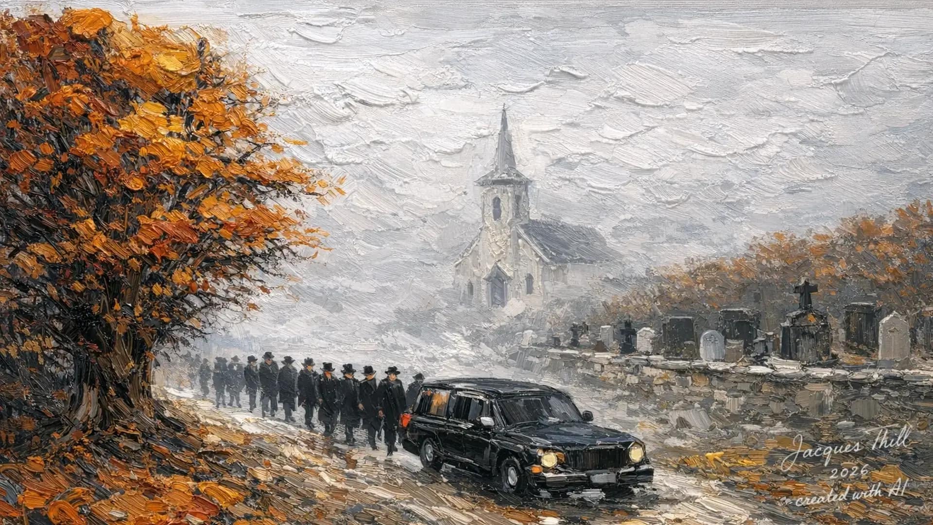 Trauerzug mit Trauergästen auf einem Friedhofsweg während einer Beisetzung